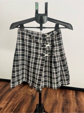 Black & White Plaid Asymmetrical Mini Skirt with Buckle Accents